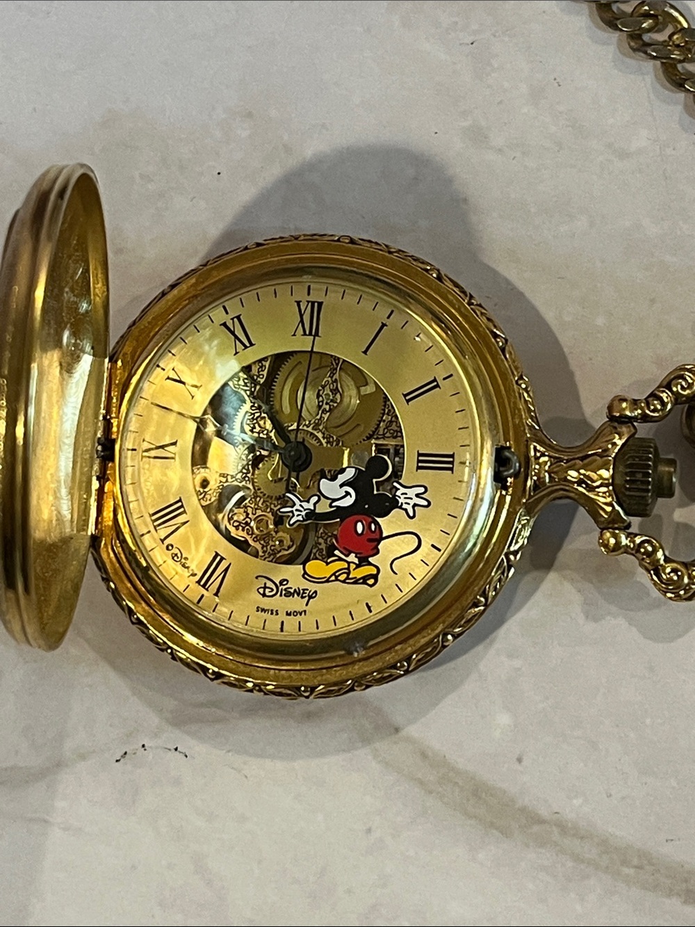 MICKEY MOUSE POCKET WATCH DISNEY MAJESTI SWISS MOVEMENT SKELETON GOLD-TONE NIB - Picture 5 of 17